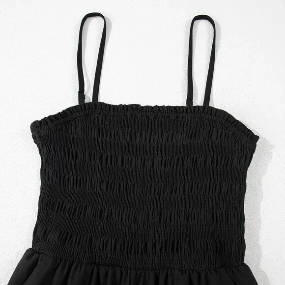 B249 Black Spaghetti Straps Shirred Bodice Pocketed Wide Leg Jumpsuit - Picture 9 of 16